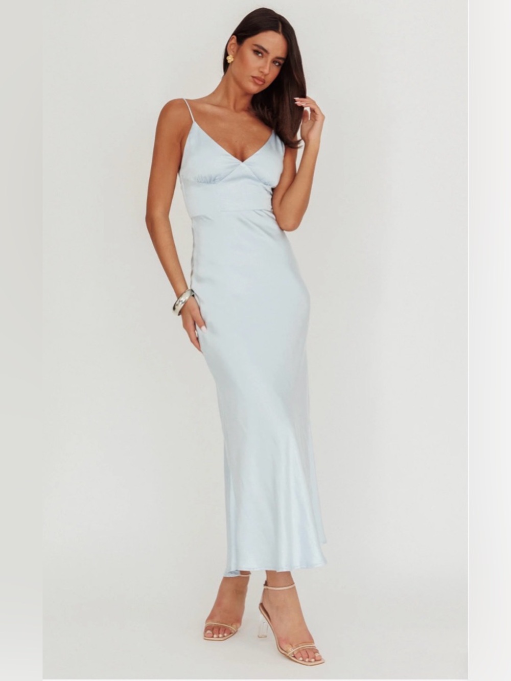 Hold Me Satin Backless Maxi Dress Ice Blue NWT SIZE SMALL Wedding Guest Prom
